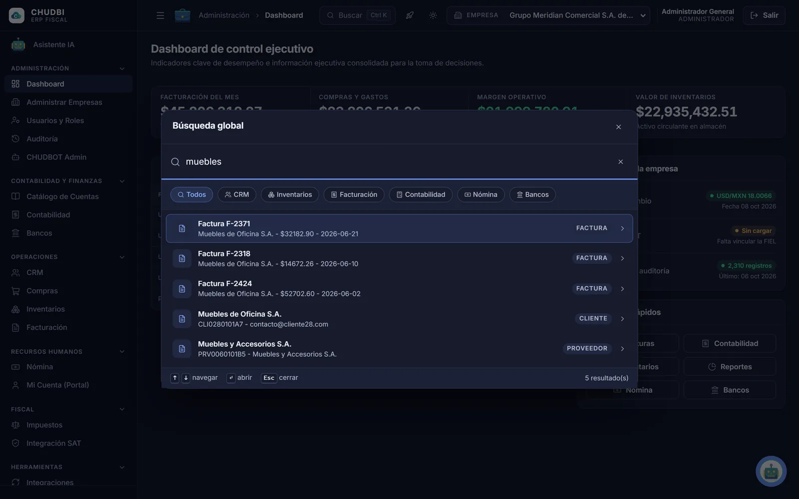 Búsqueda global con Ctrl+K